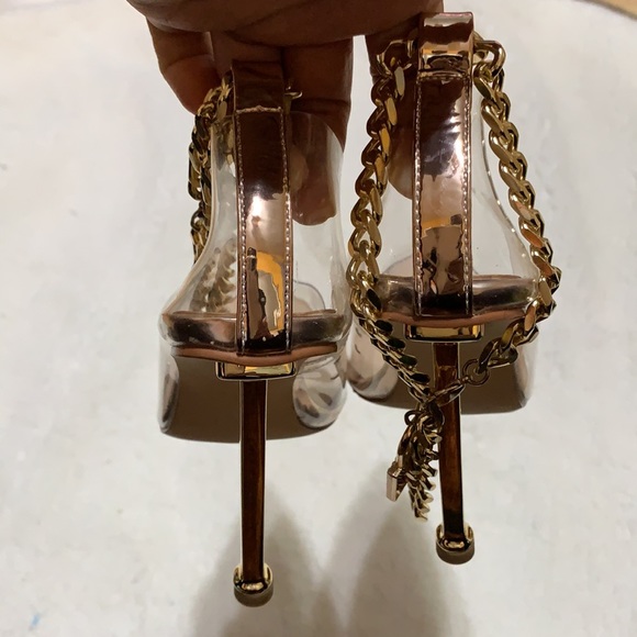 Clear Pointed Toe Metal Chain Lock High Metal Heels Stiletto Pumps - Picture 6 of 9